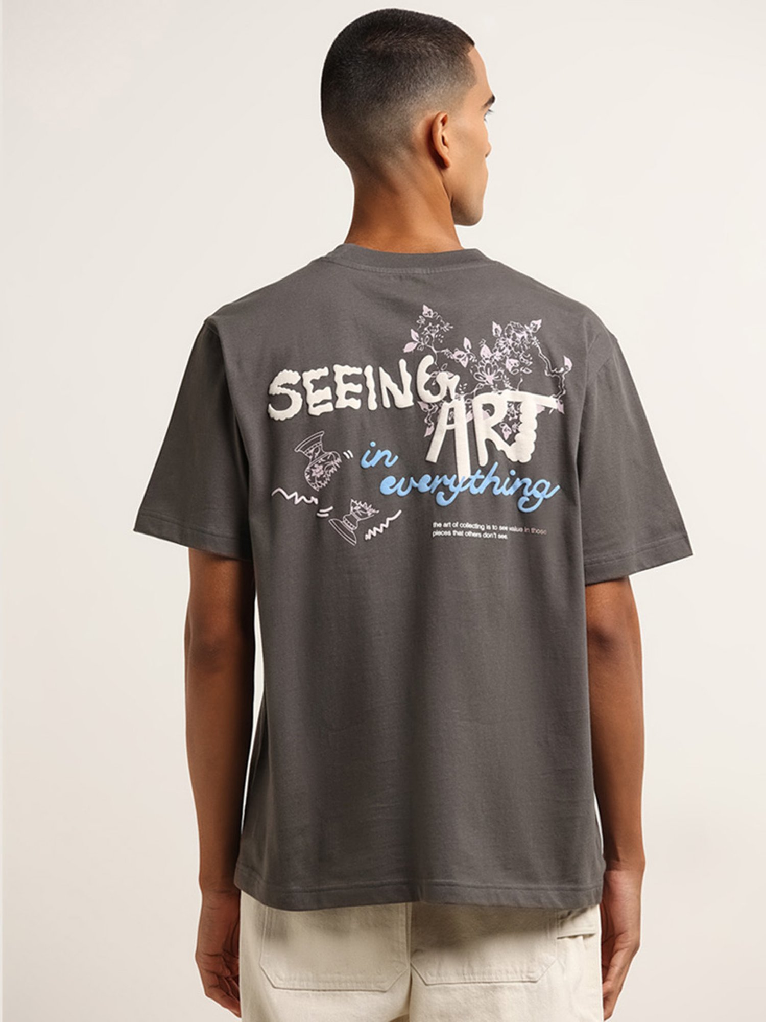 Nuon by Westside Grey Text Printed Slim Fit T-Shirt