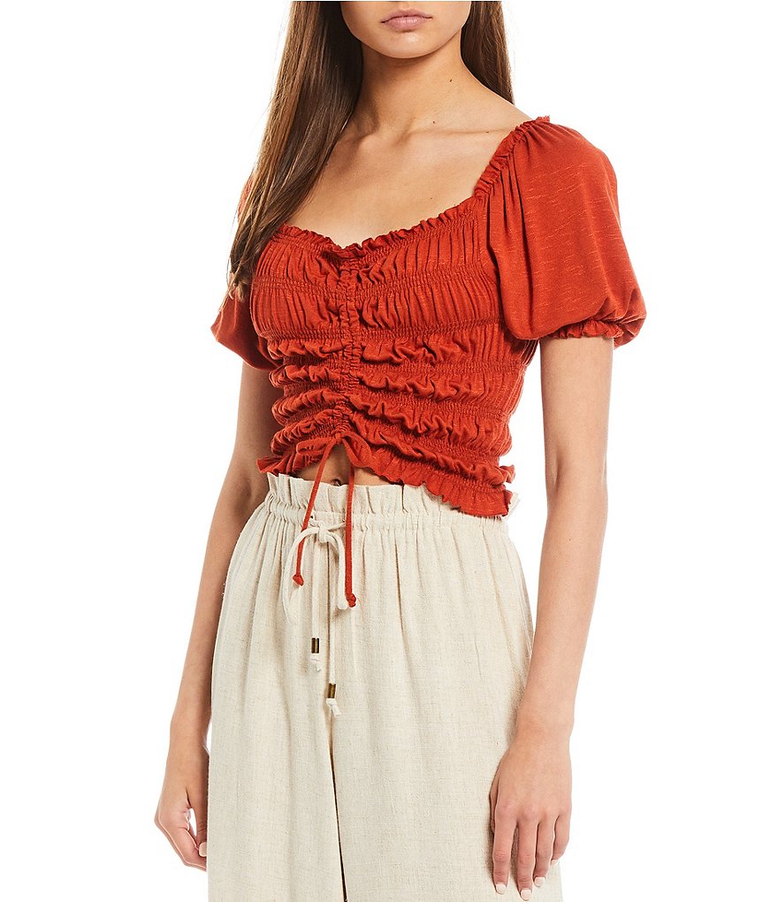 Evolutionary Short-Sleeve Cinch-Front Smocked Top