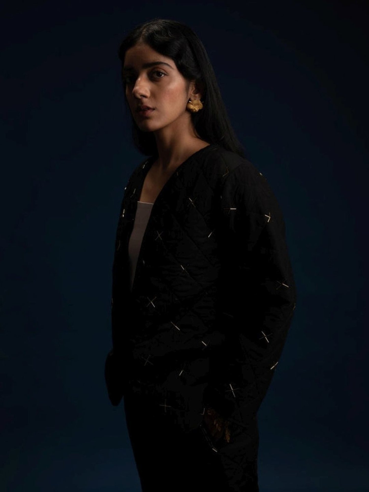 Khajoor Studio Black Fragments Dancing Stars Quilted Jacket with Pant