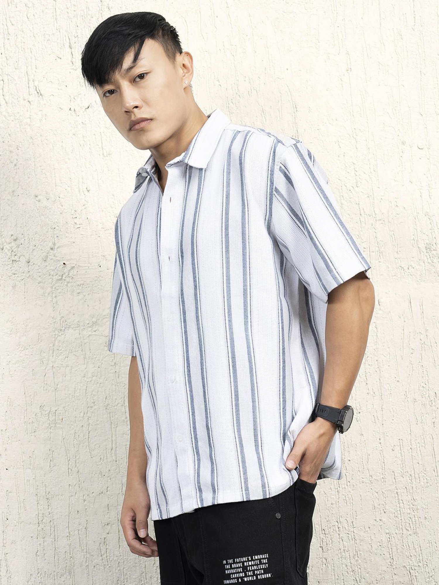 Hubberholme Men Cotton Short Sleeves Oversized Striped Shirt 13