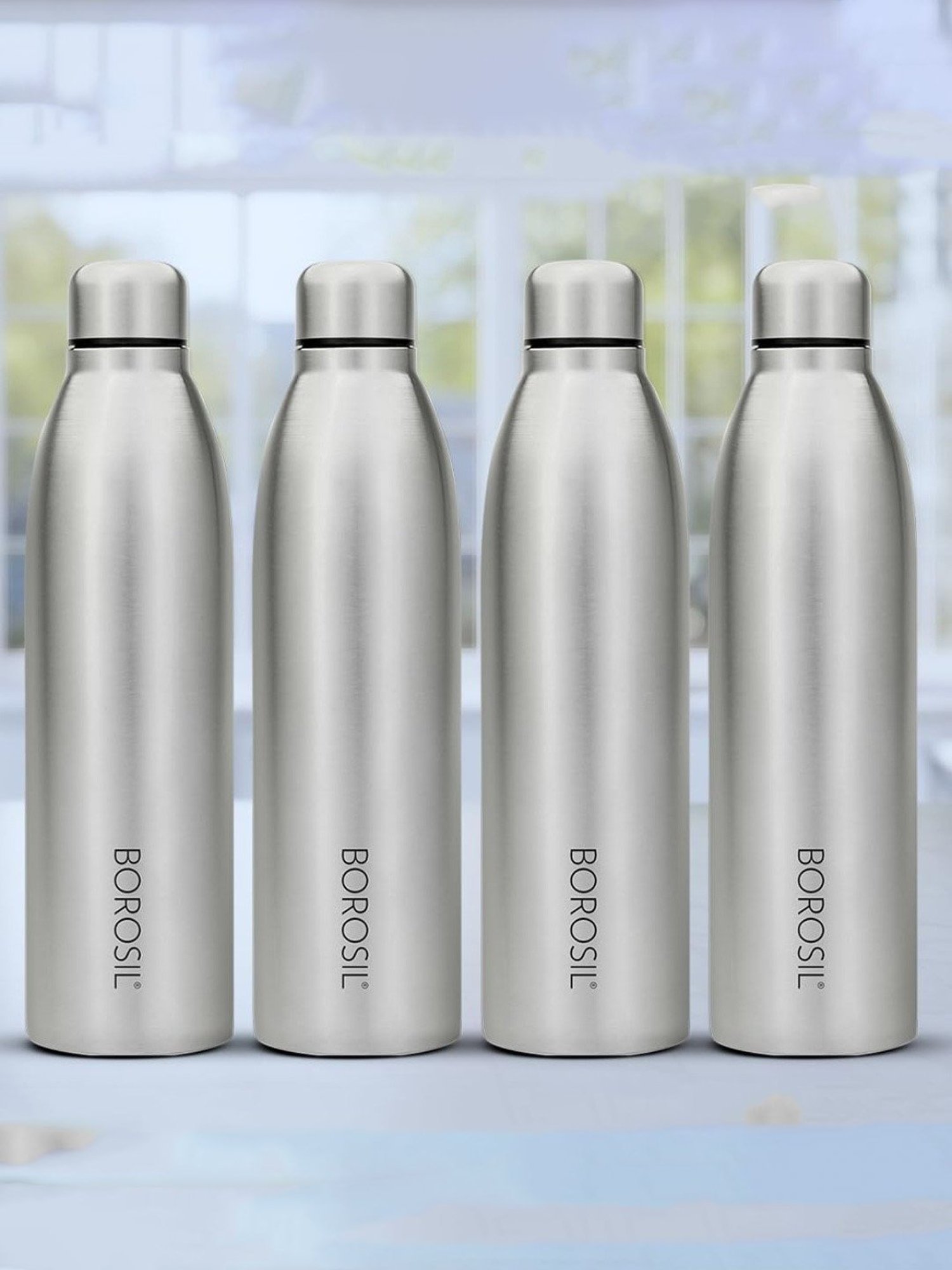 Borosil Water Bottle with Leak-Proof Set of 4 (Silver, 950 ml)