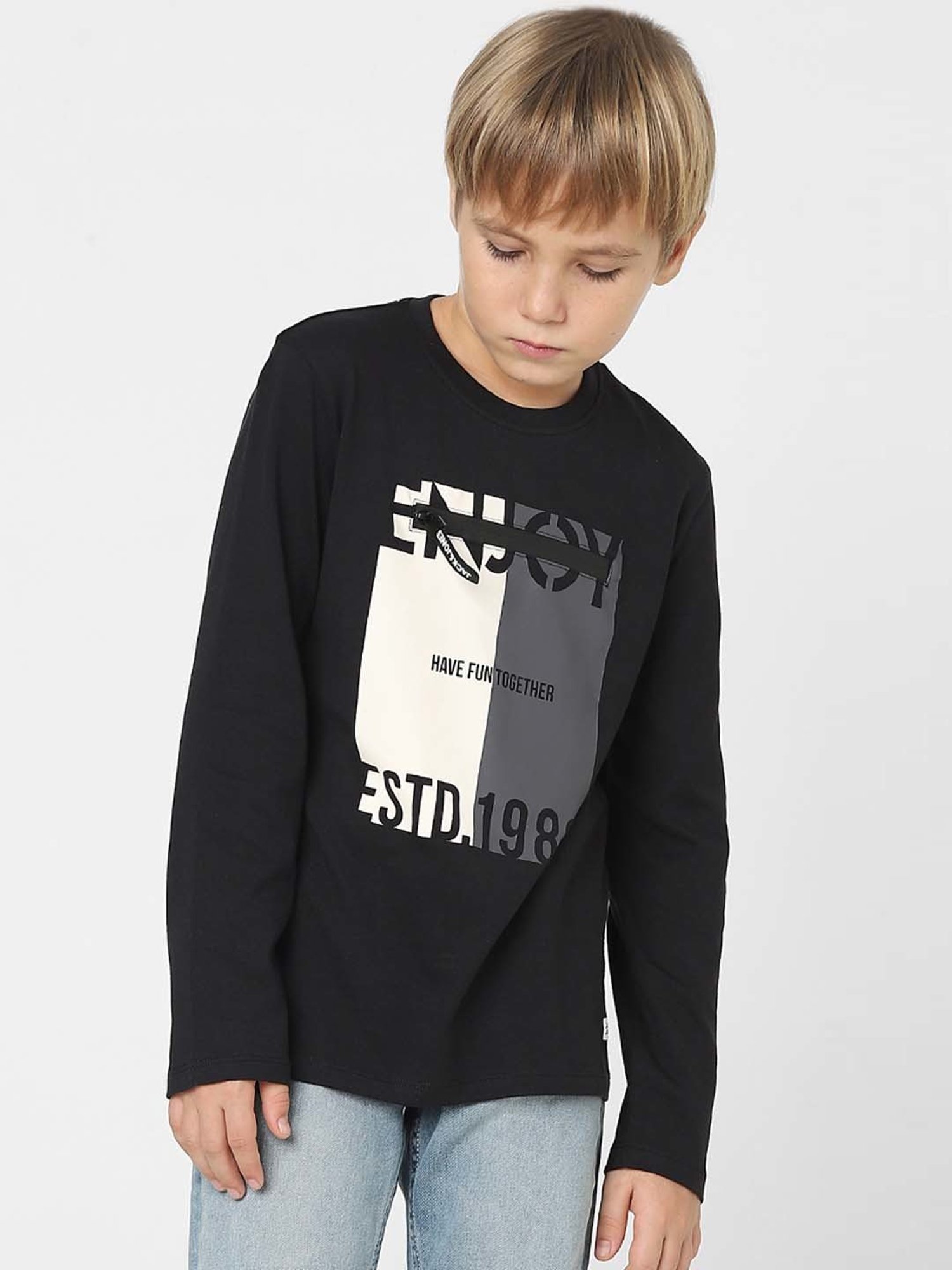 Jack & Jones Junior Boys Black & White Cotton Printed Full Sleeves T-Shirt