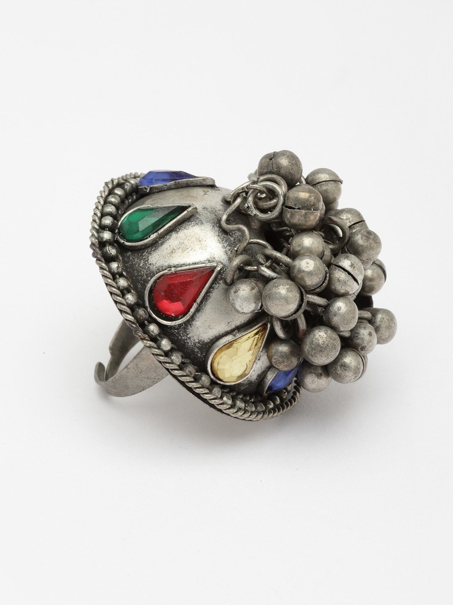 Moedbuille Stones & Ghungroo Studded Antique Design Oxidised Silver Plated Finger Ring