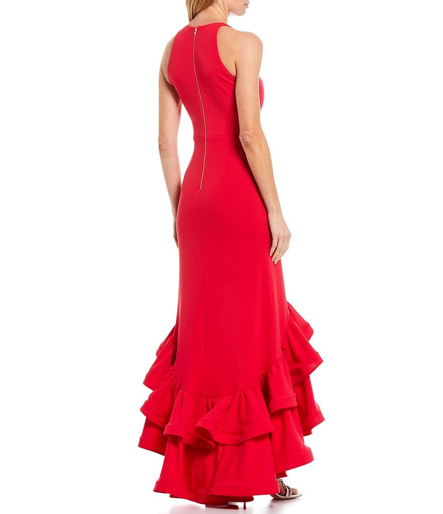 Betsy & Adam Halter Ruffle Hi-Low Hem Stretch Crepe Gown
