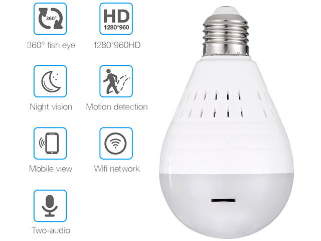 FirstPower Mini Wireless 1080P SPY Hidden IP Camera 360&deg; Panoramic WIFI Control Light Bulb