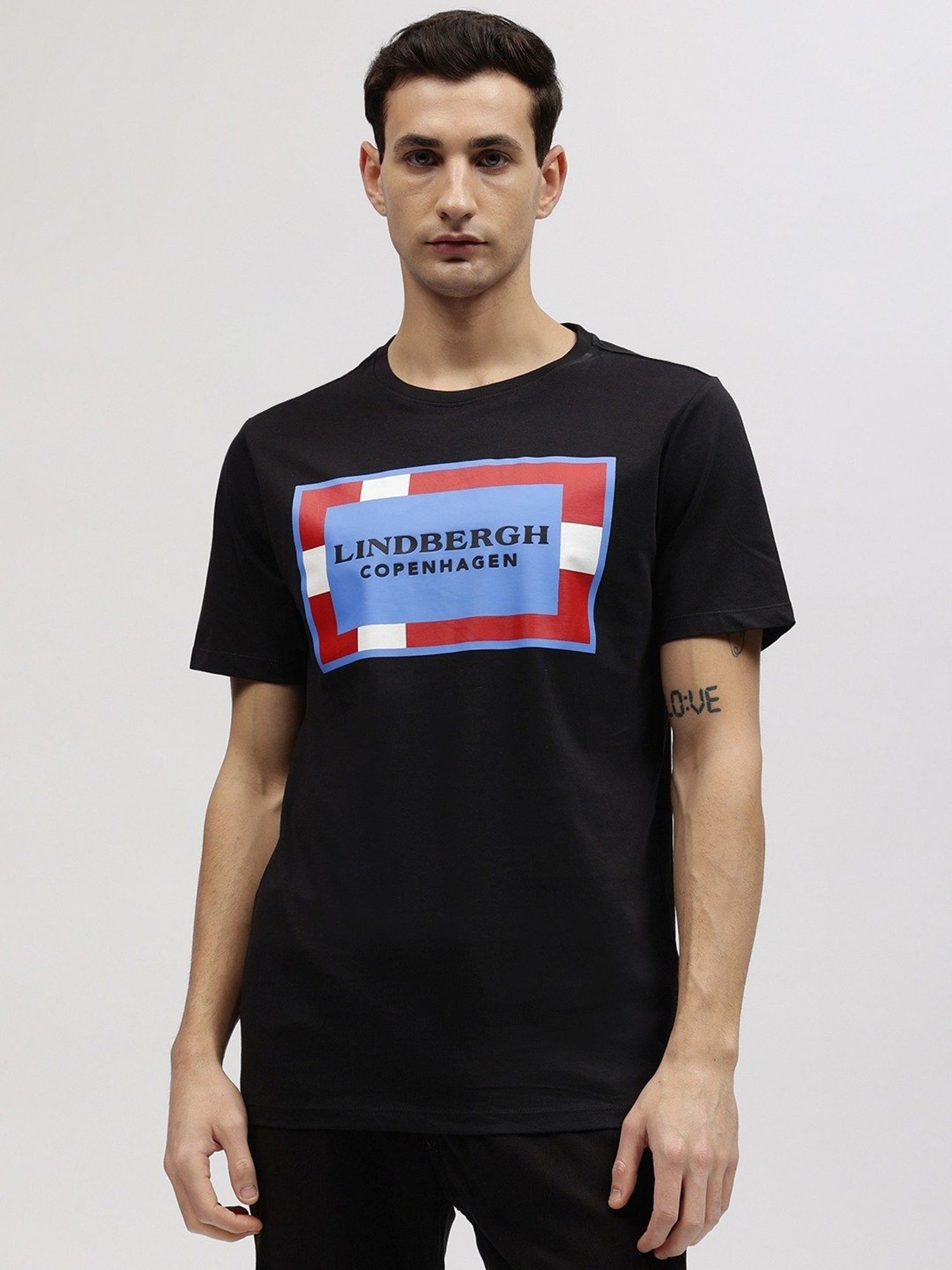 Lindbergh Black Cotton Regular Fit Printed T-Shirt