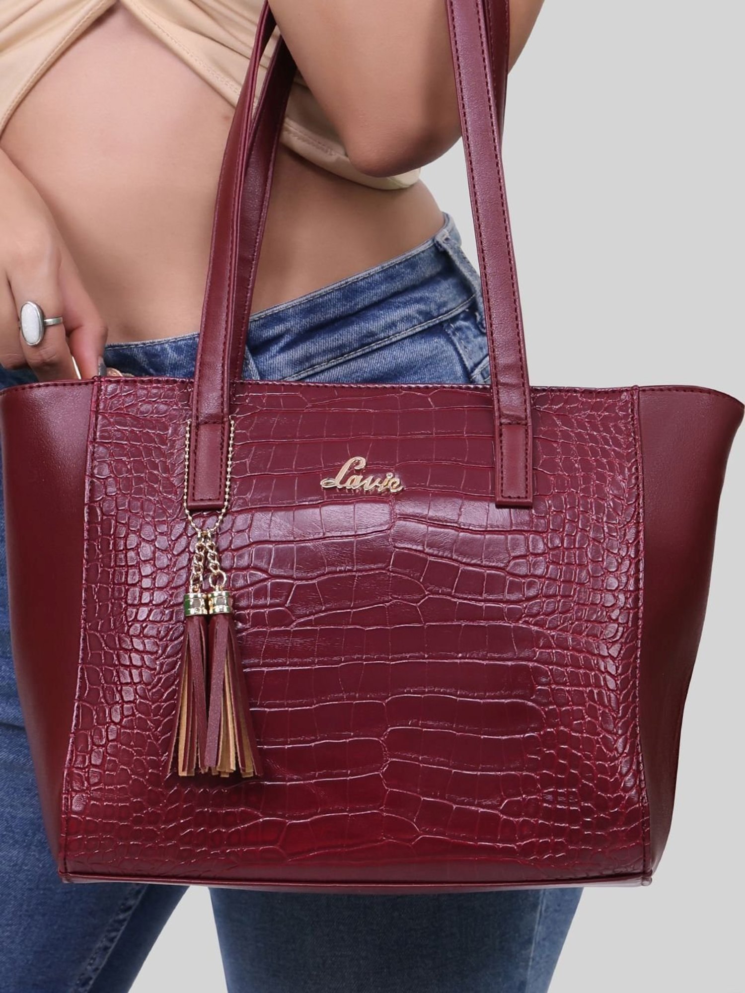 Lavie Maroon Textured Medium Handbag