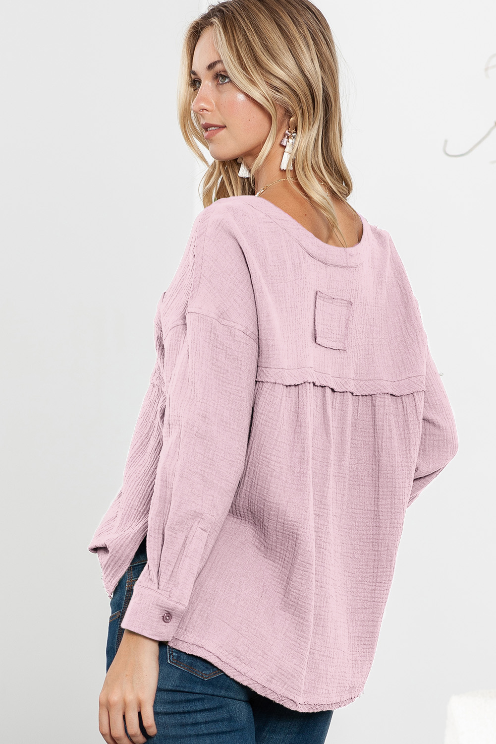 Pink Gauze Raw Hem Long Sleeve Henley Top