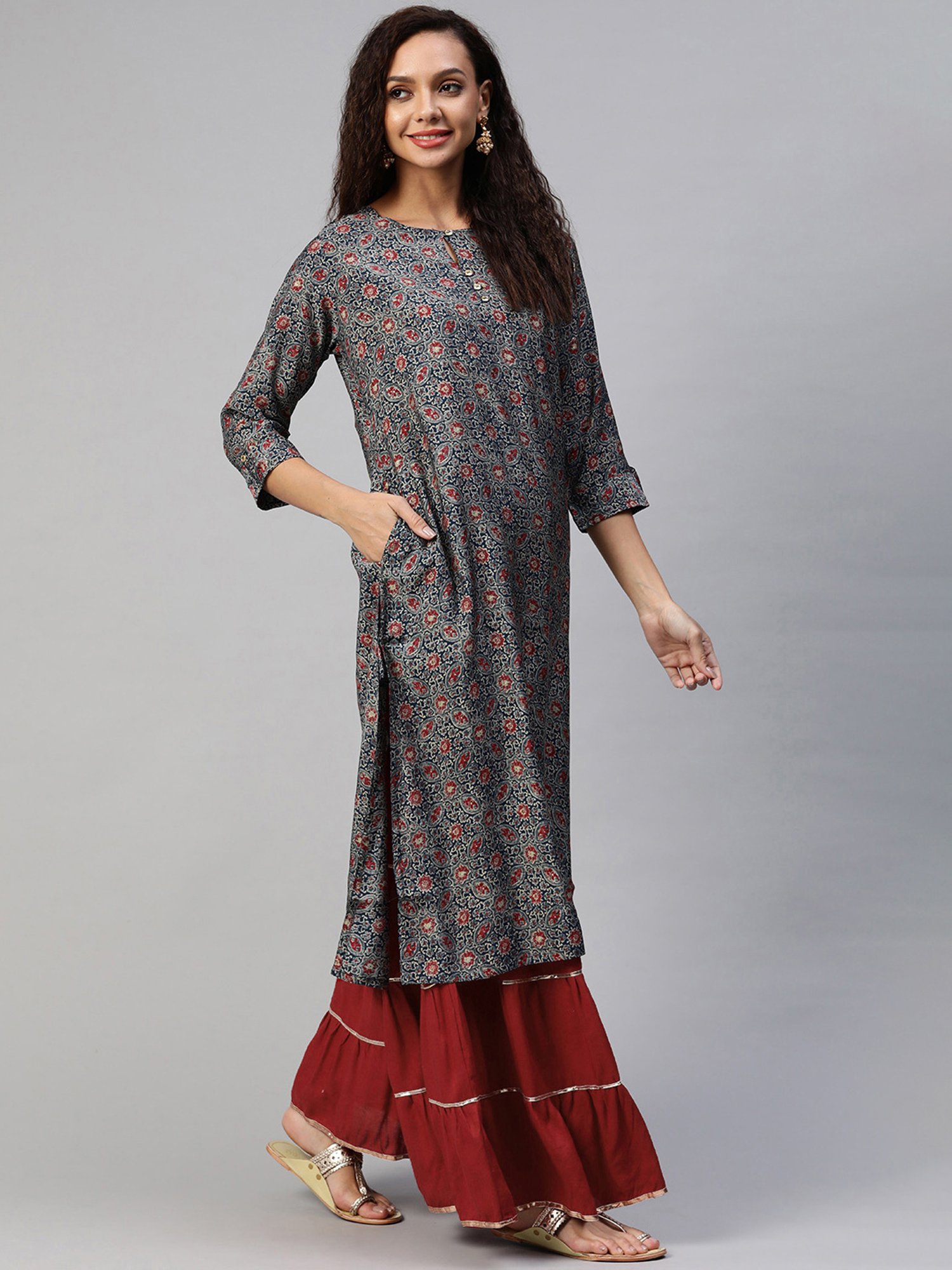 Aarika Blue Cotton Printed Straight Kurta