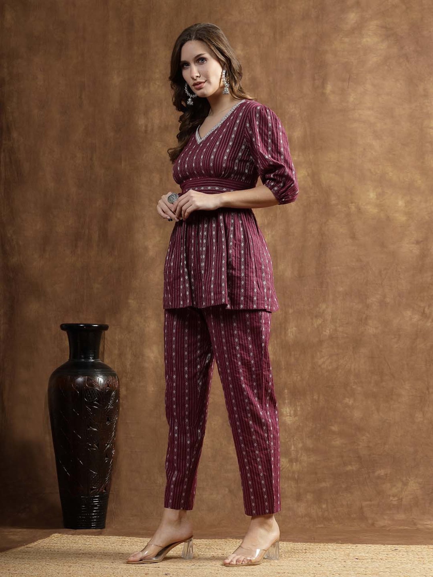 Stylum Purple Cotton Embroidered Kurti Pant Set