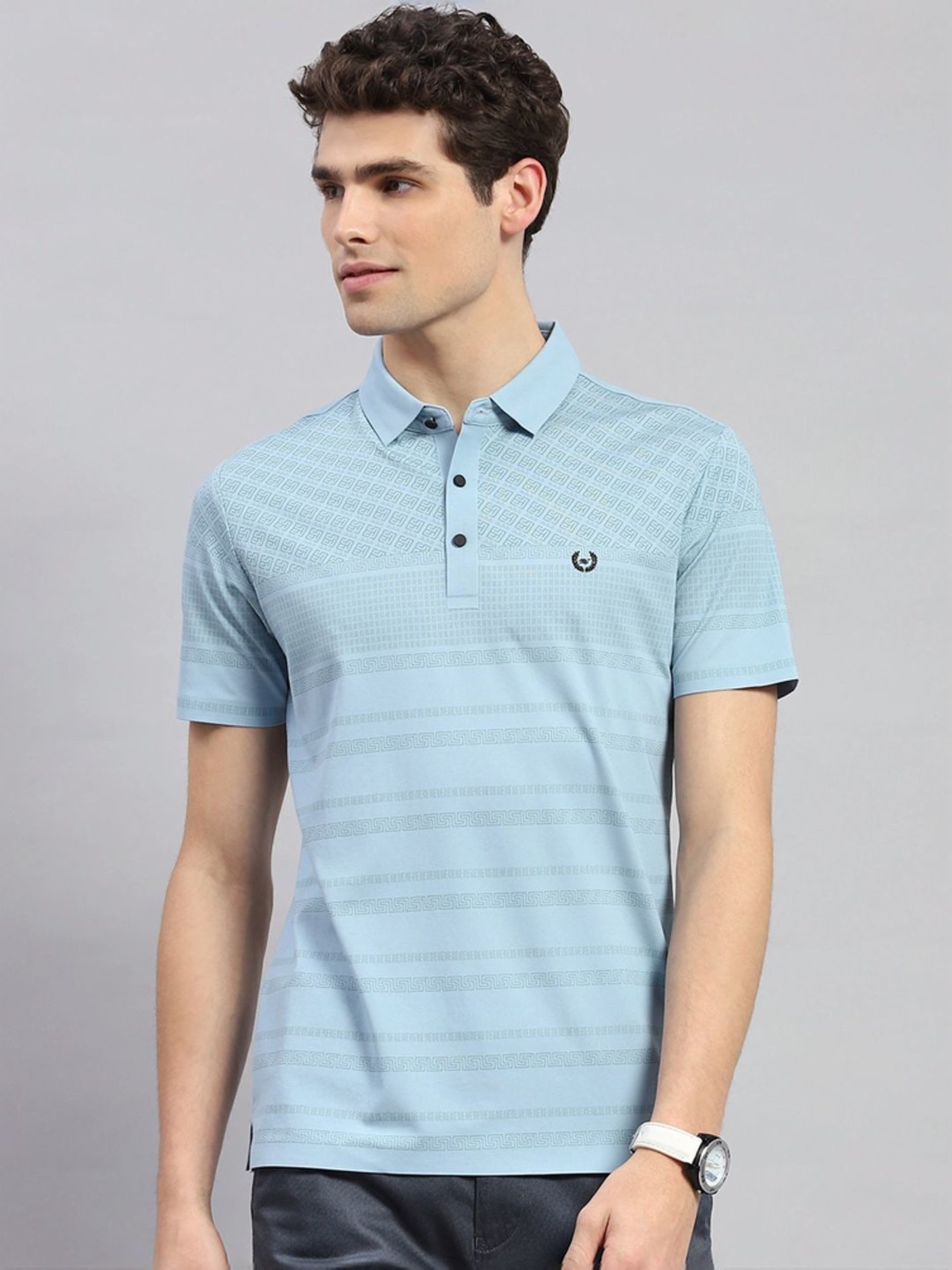 Monte Carlo Sky Blue Regular Fit Printed Polo T-Shirt