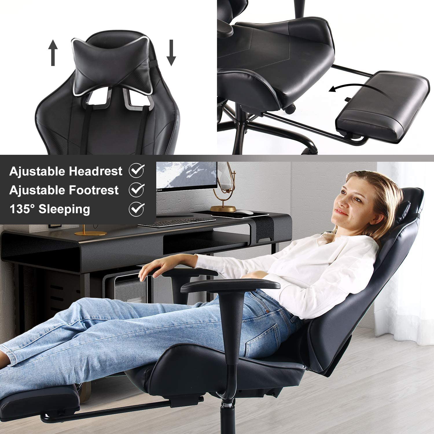 SMUGDESK Gaming Chair with Footrest Racing Style Ergonomic Office Desk Chair Adjustable Swivel Leather High Back Computer Chair with Headrest and Lumbar Support (Black)