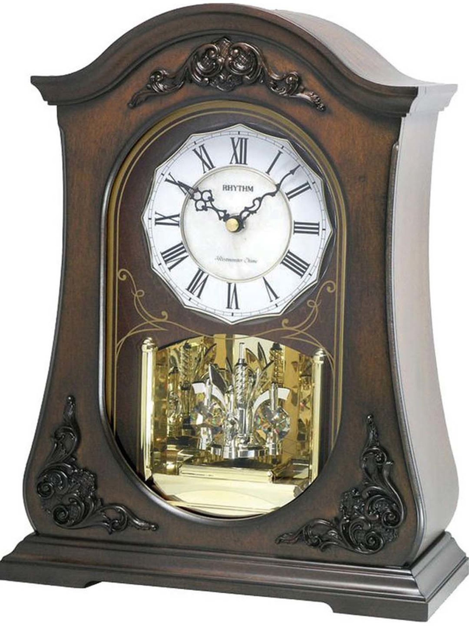 RHYTHM Brown Wood Musical Melodies In Motion Hourly Westminster Chime Rotating Pendulum Table Clock