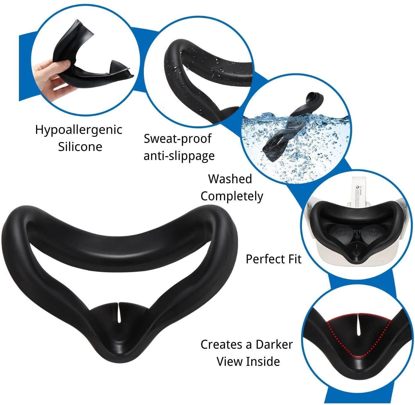 VR Face Silicone Cover Mask & Face Pad, Compatible for Oculus Quest 2 Face Cushion Cover - Sweatproof Anti-Fog Enjoy Oculus VR More Comfortable (Black)
