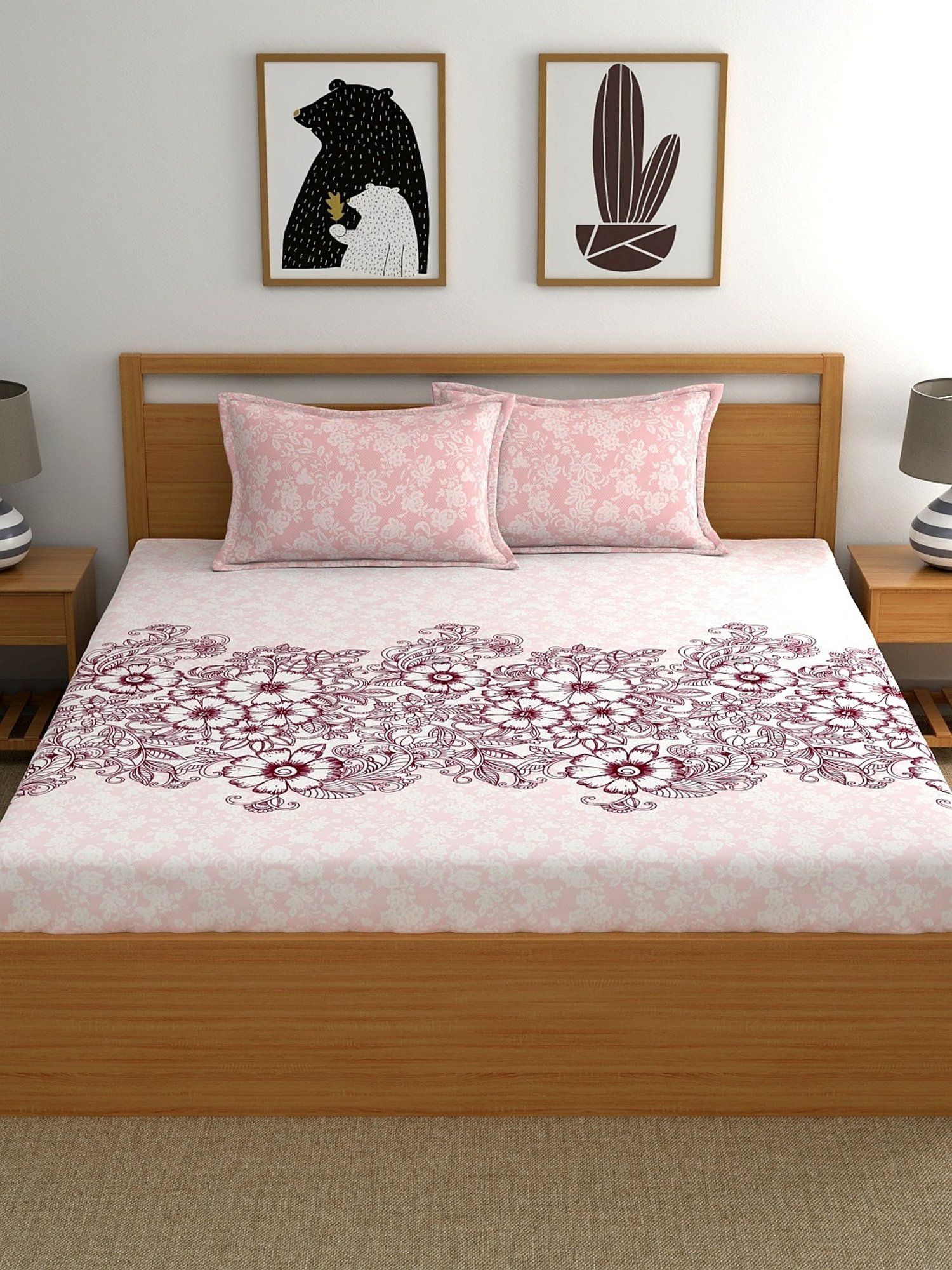 My Room Floral Light Pink 140 TC Cotton Queen Bed Sheet with 2 Pillow Covers
