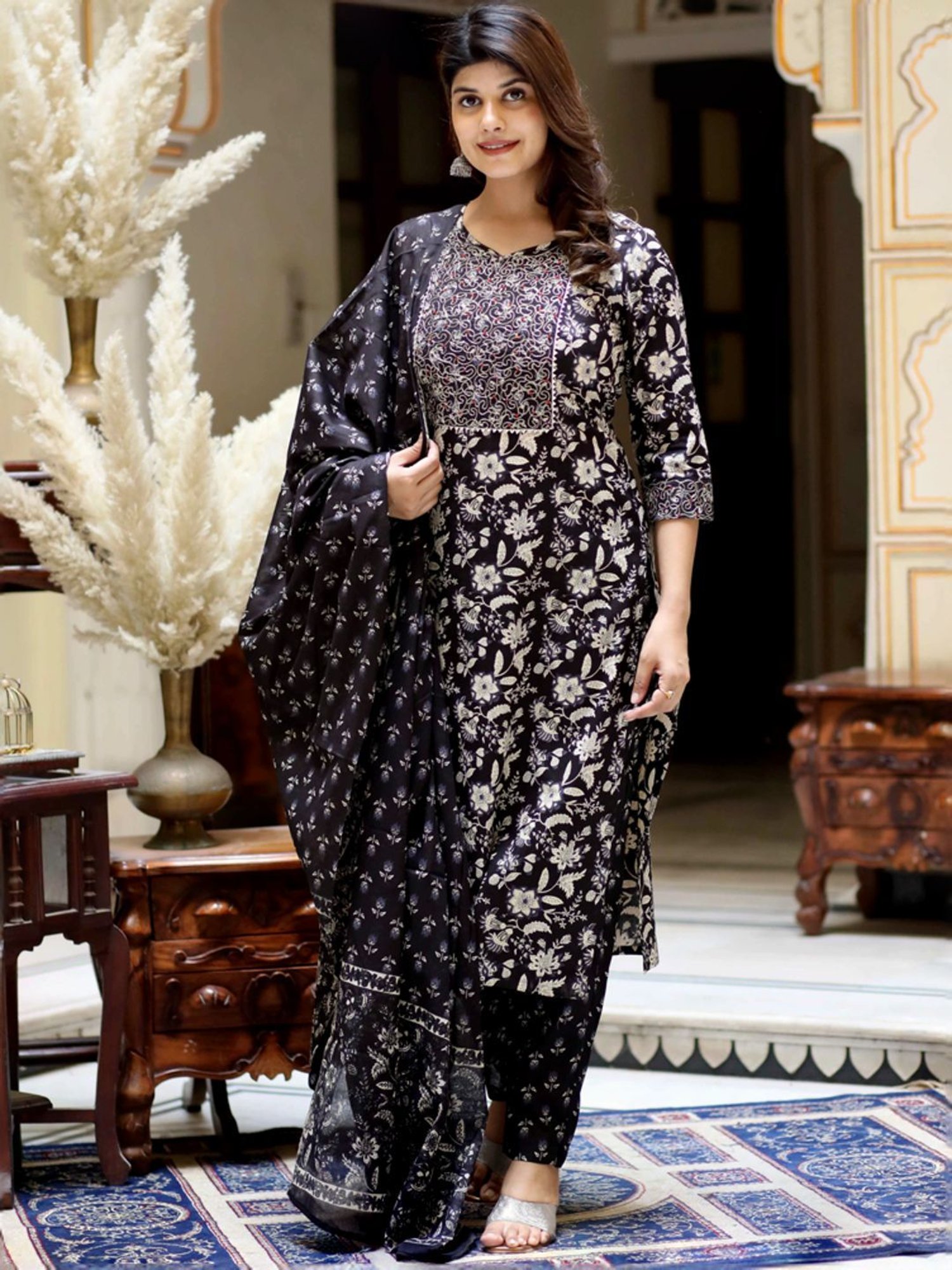 Miravan Black Cotton Embroidered Kurta Palazzo Set With Dupatta