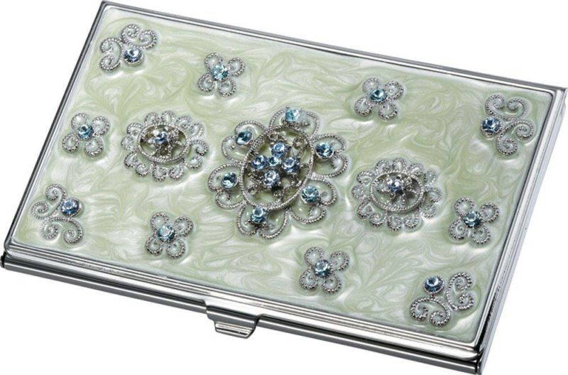 Visol Products Carmela Light Green Marble and Blue Crystals Business Card Holder