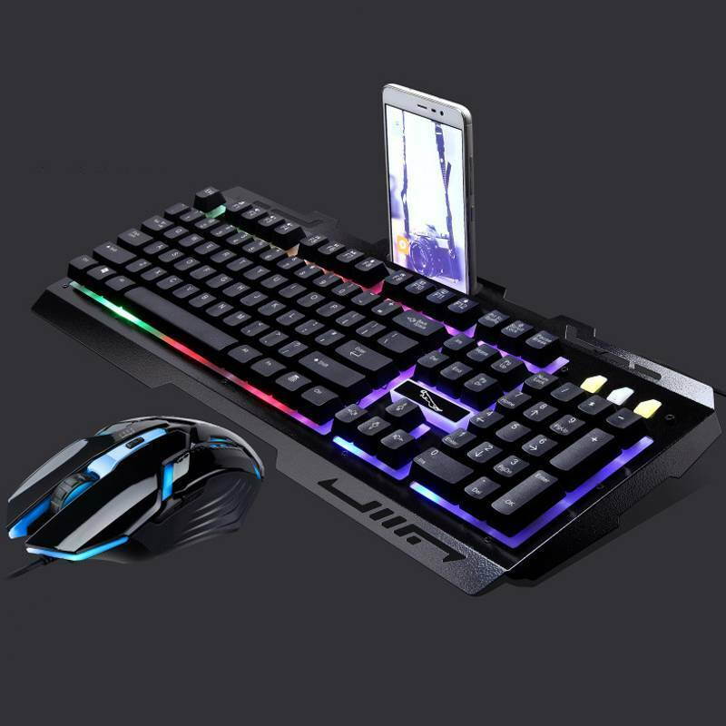 USB RGB Gaming Keyboard and Mouse Combo, Wired Key Rainbow Backlit Keyboard and Mouse Set, with Phone Holder for Windows Computer PC Gamers