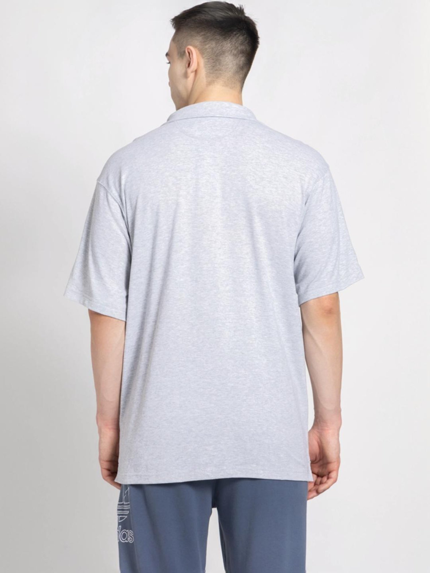 Adidas Originals Grey Cotton Loose Fit Texture Polo T-Shirt