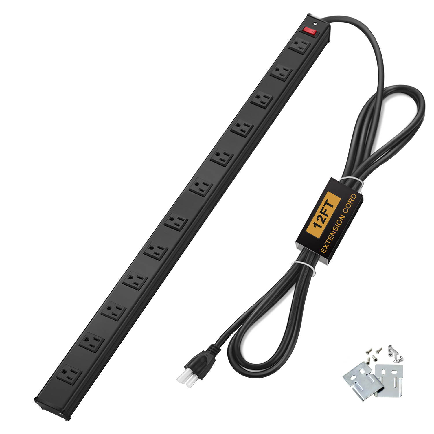 BESTTEN Metal Surge Protector Power Strip, 12 Wide-Spaced Outlets and 12ft Long Extension Cord, 450 Joules, 15A/125V/1875W, On/Off Circuit Breaker, ETL Listed, Black