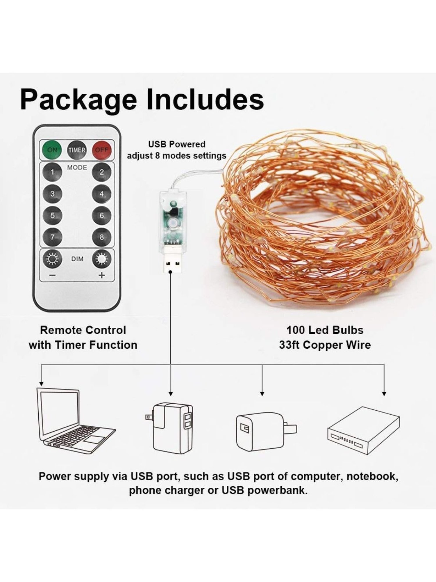 XERGY 33ft 100 LED Copper Wire Fairy String Lights 8 Modes USB Powered with Remote