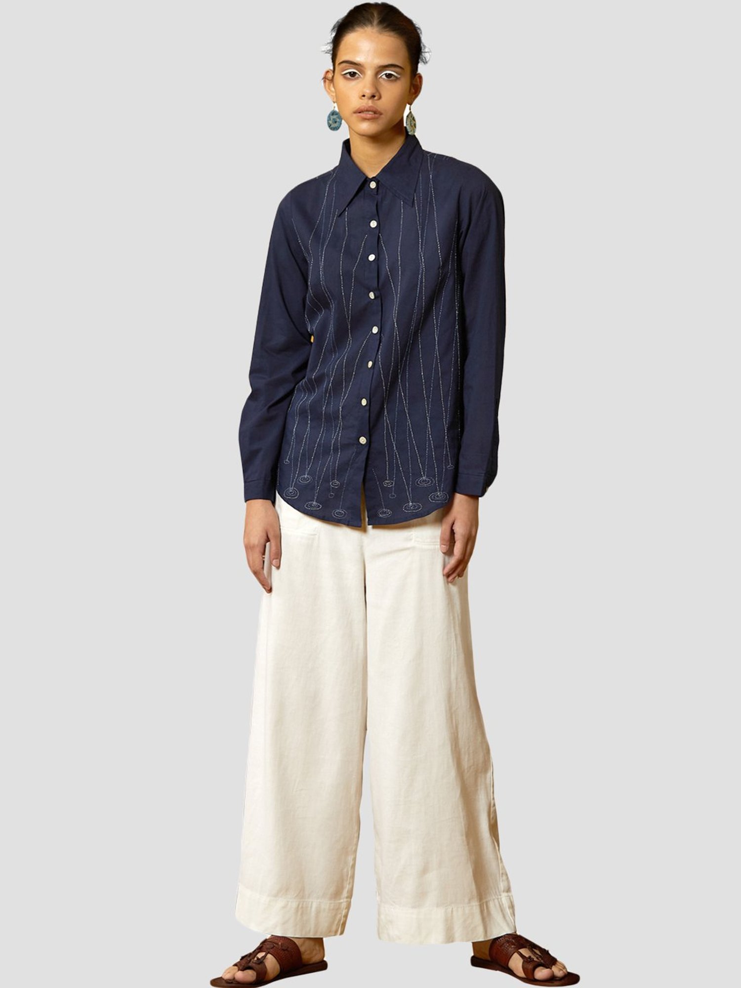 Okhai Puddle Indigo Blue Pure Cotton Hand Embroidered Shirt