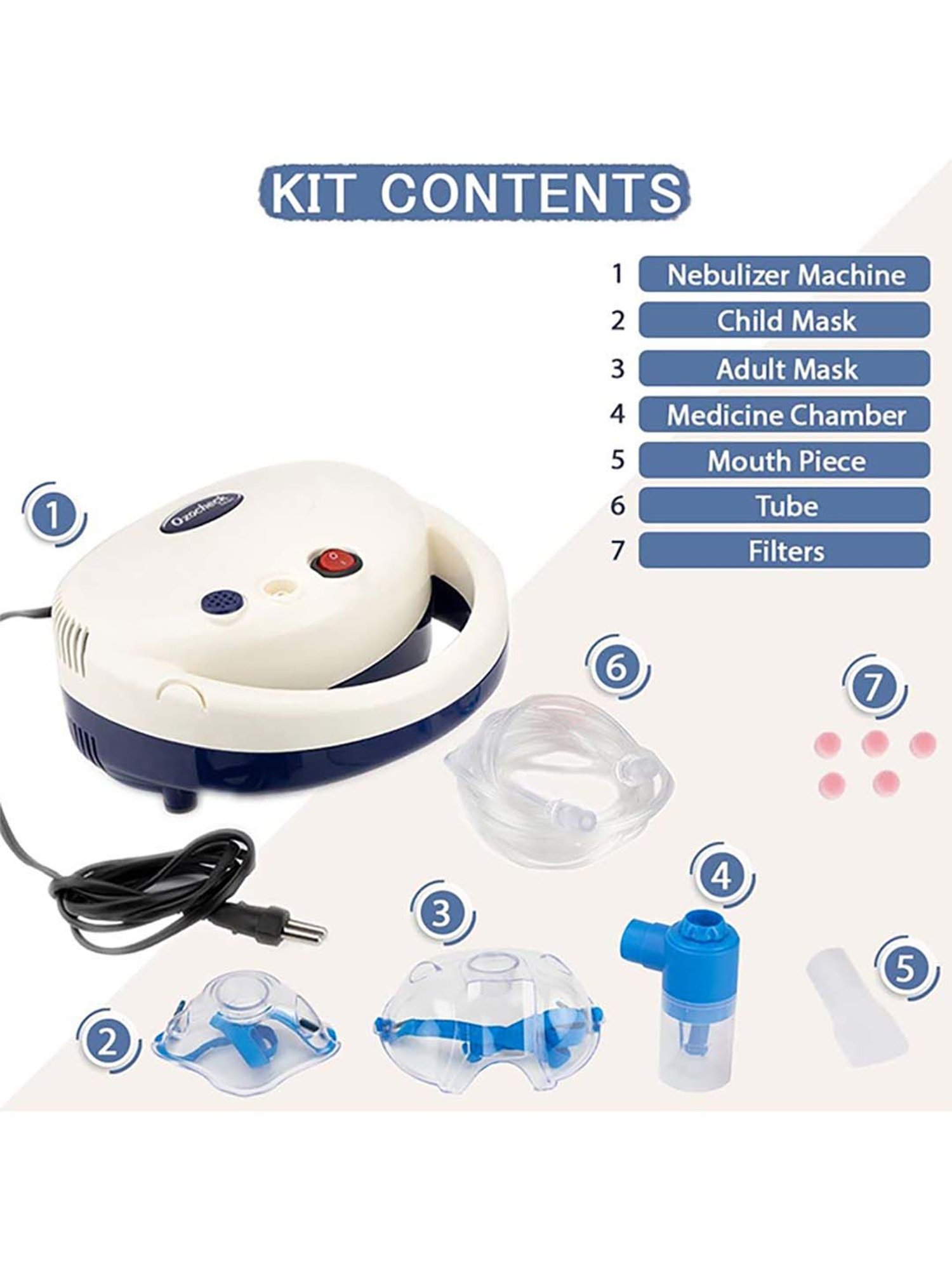 Ozocheck Smart Compressor Nebulizer Machine with Child & Adult Mask (White)