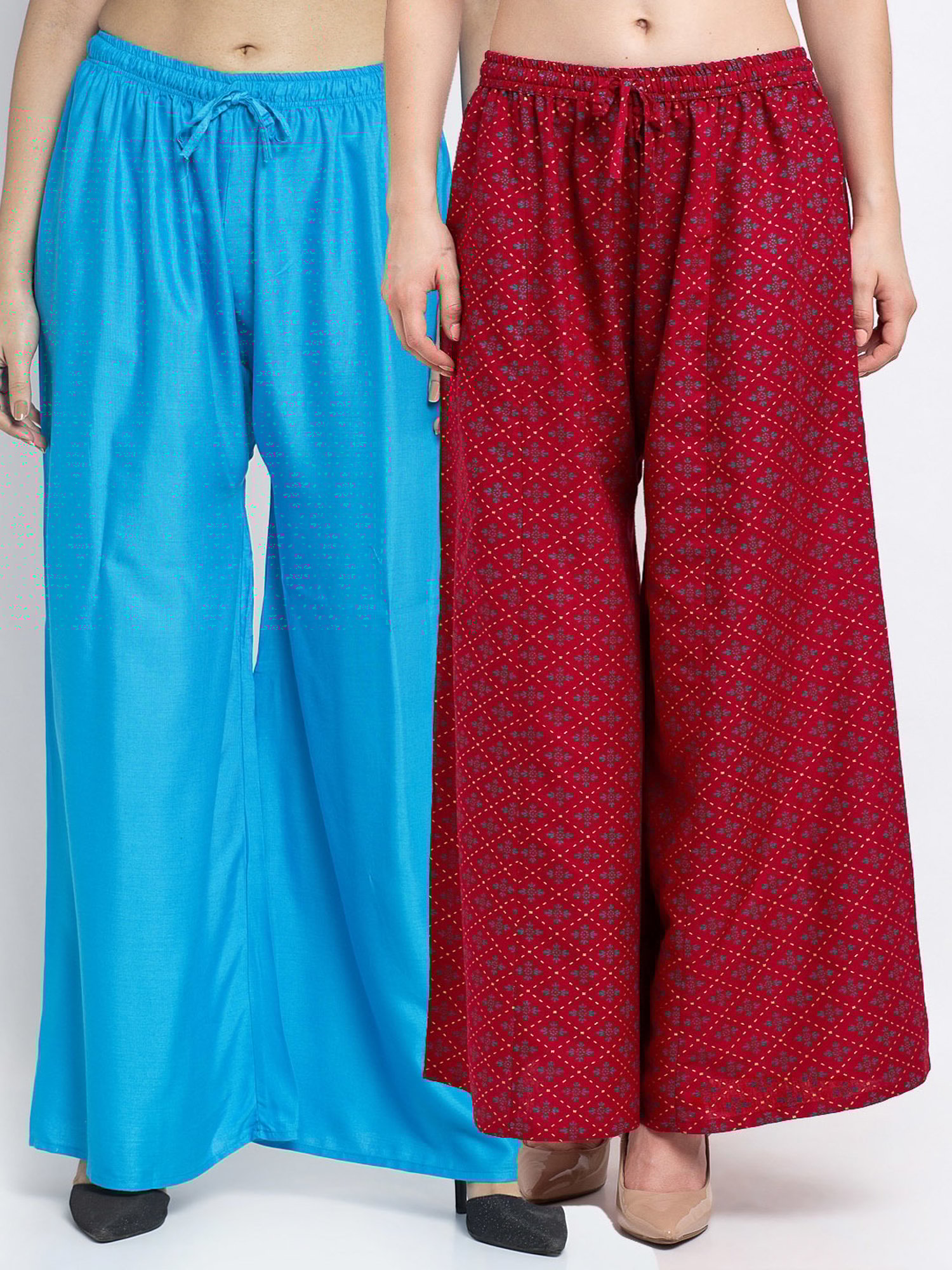 Gracit Maroon & Blue Printed Palazzos - Pack Of 2