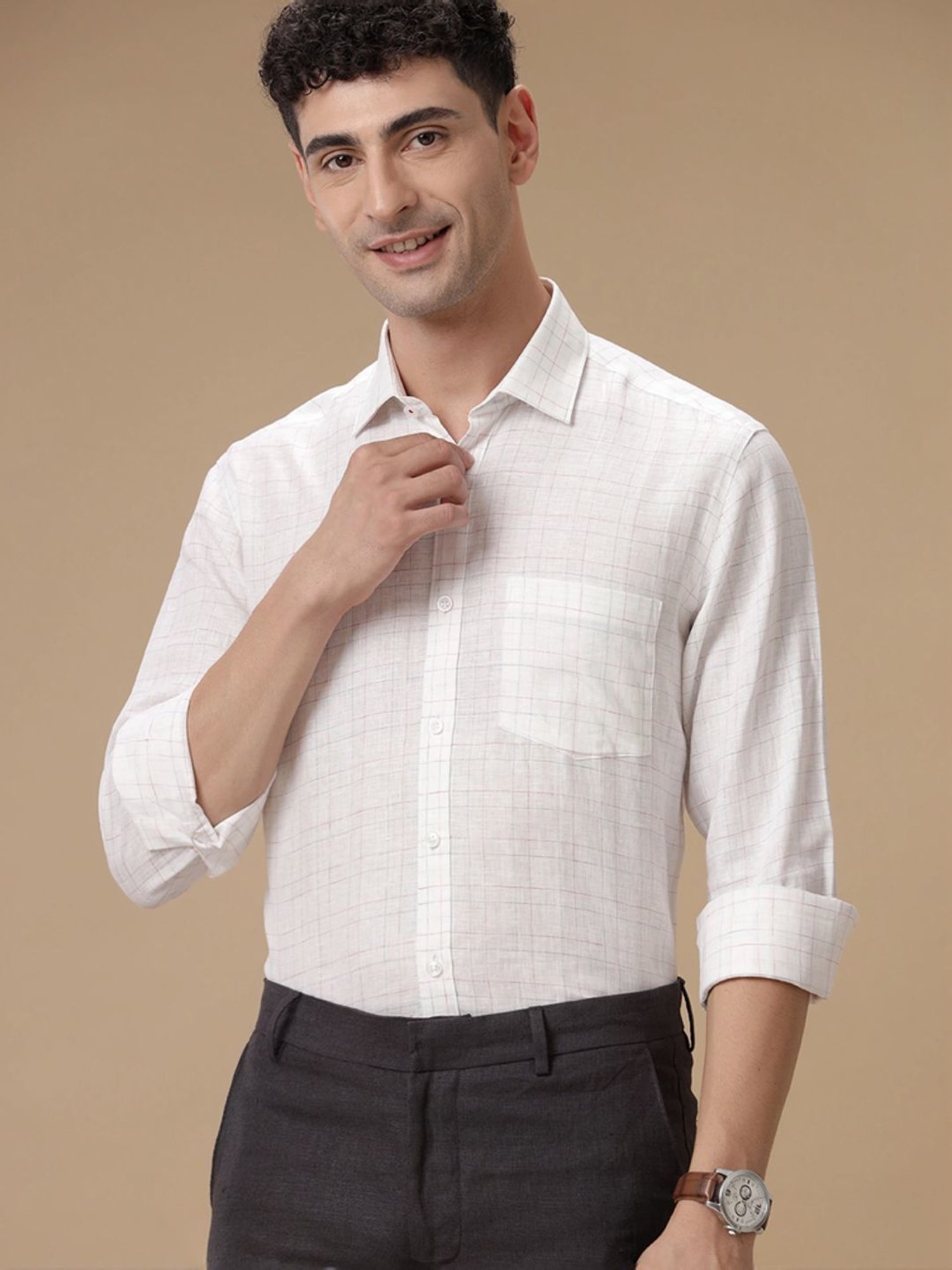 Linen Club White Linen Contemporary Fit Checks Shirt