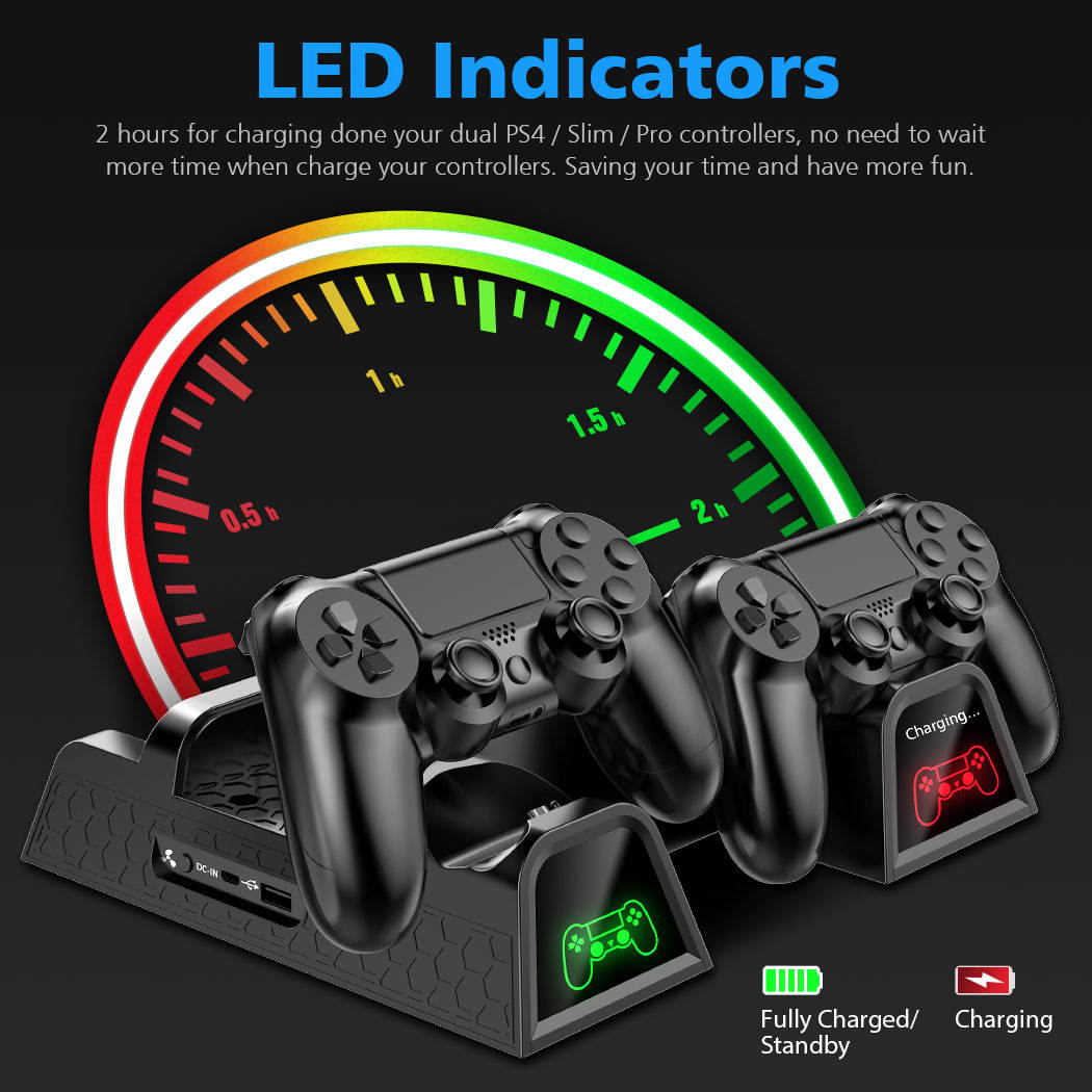PS4/PS4 Slim/PS4 Pro Dual Controller Charger Console Vertical Cooling Stand Charging Station LED Fan For SONY Playstation 4