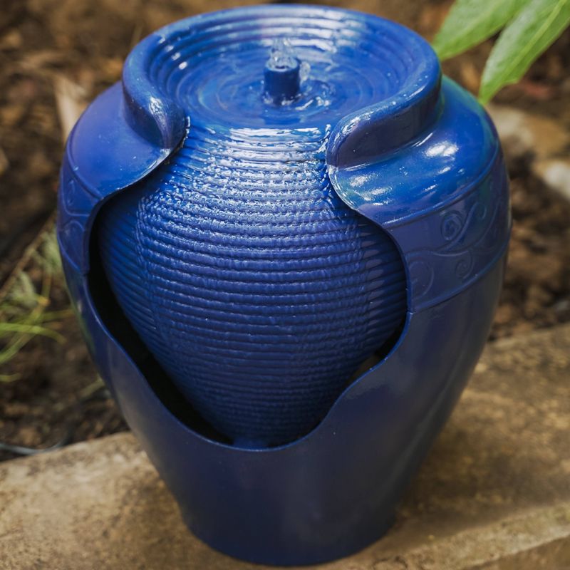 17" Round Outdoor Vase Fountain with Ridges and Waterfall Blue - XBrand