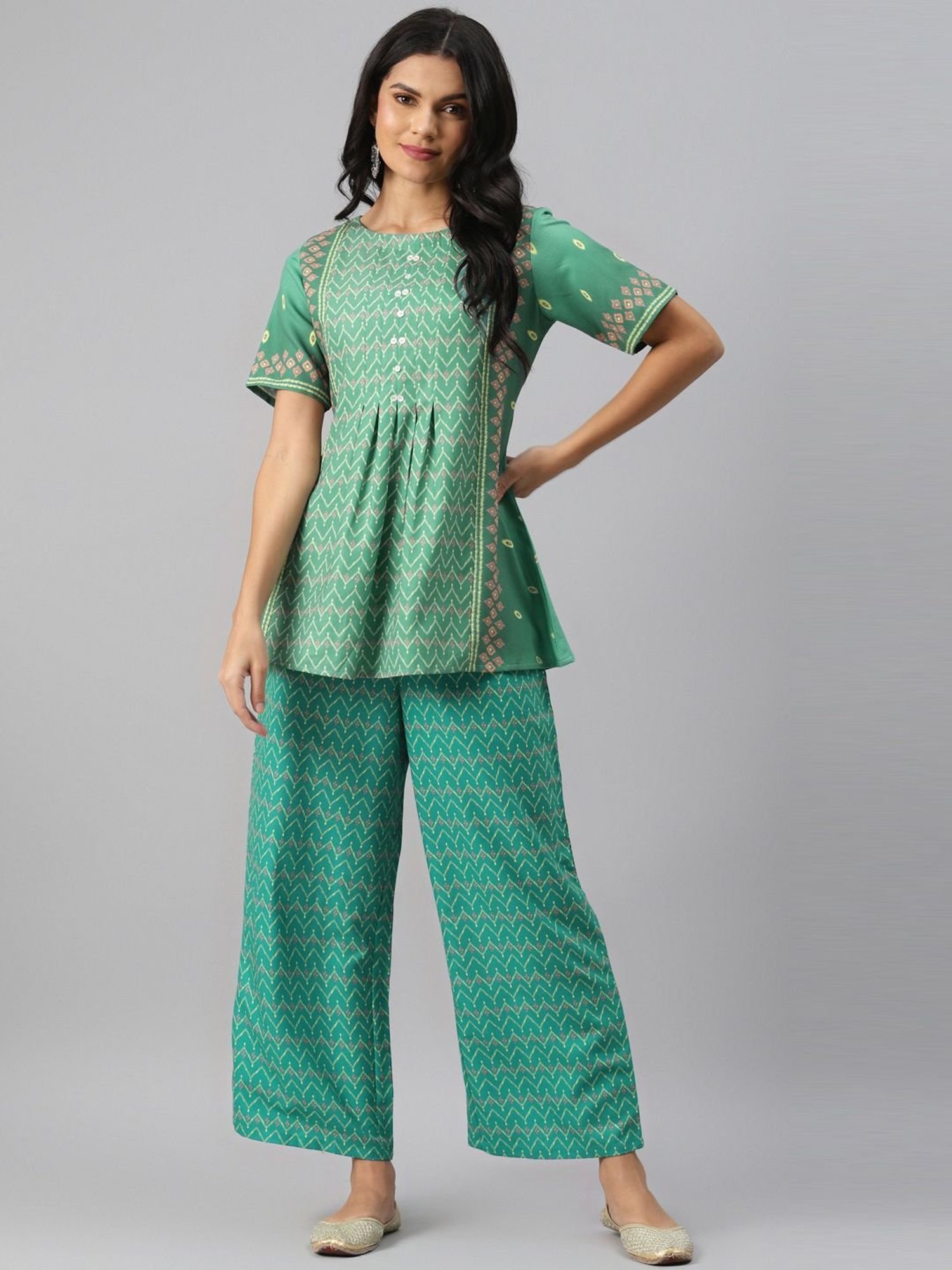 Ziyaa Green Printed A Line Kurti