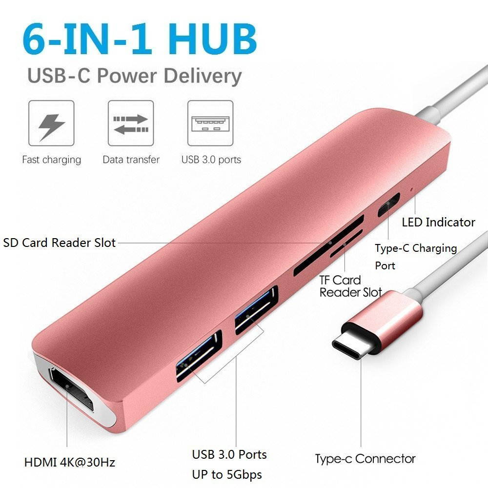 USB C Hub, Multiport Type-C Adapter Dongle with 56W Charging port, 4K HDMI, Card Reader, 2 USB 3.0 Ports for Macbook Pro, Chromebook, HP Spectre, DELL XPS, Acer Aspire and more- Rose Gold