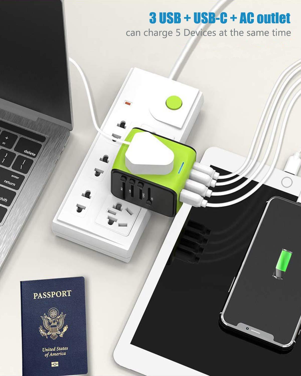 Travel Plug Adapter, Universal Travel Adapter, Travel Power Plug Adapter, International Power Adapter with 3.4A 3 USB & 1 Type-C, for UK, EU, US, AUS, and More 170 Countries (Green)