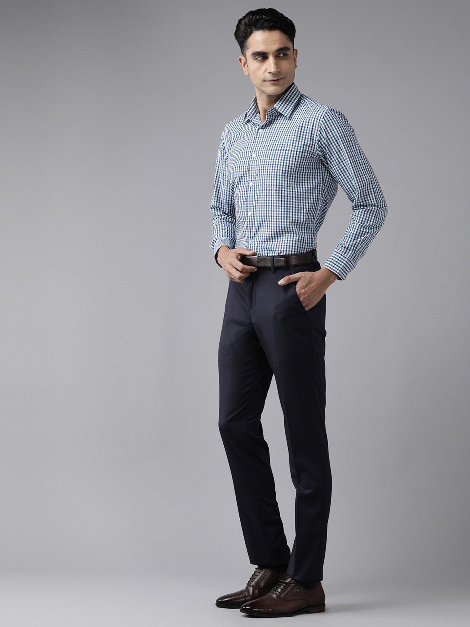 English Navy Navy Blue Slim Fit Checks Shirts