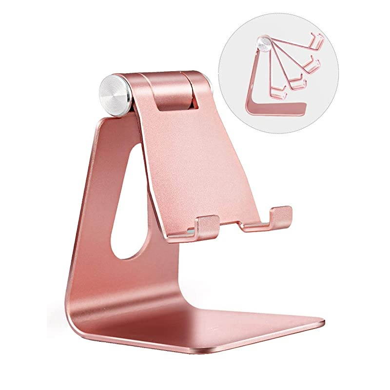 Adjustable Cell Phone Stand,  Phone Holder, Tablet Stand Dock, Aluminum Desktop Compatible with iPhone 12 iPad, Samsung Galaxy, Google Pixel All Smart Phone/Tablets Under 10 in-Rose Gold