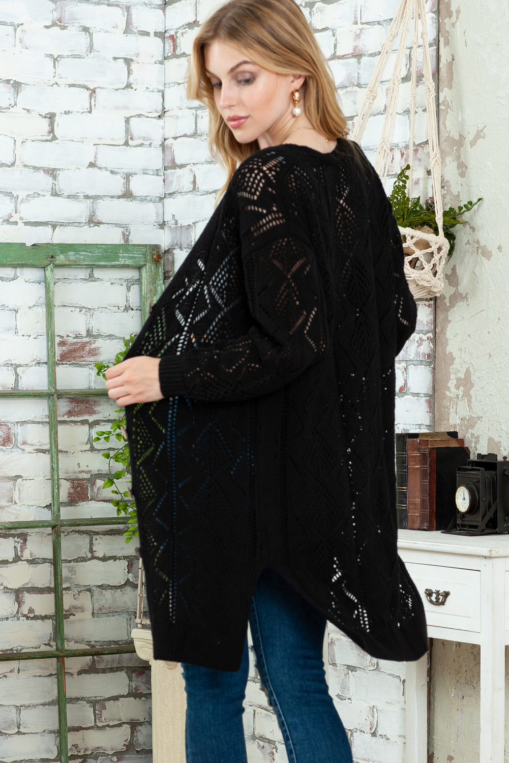 Black Button Up Hollow Out Loose Long Cardigan