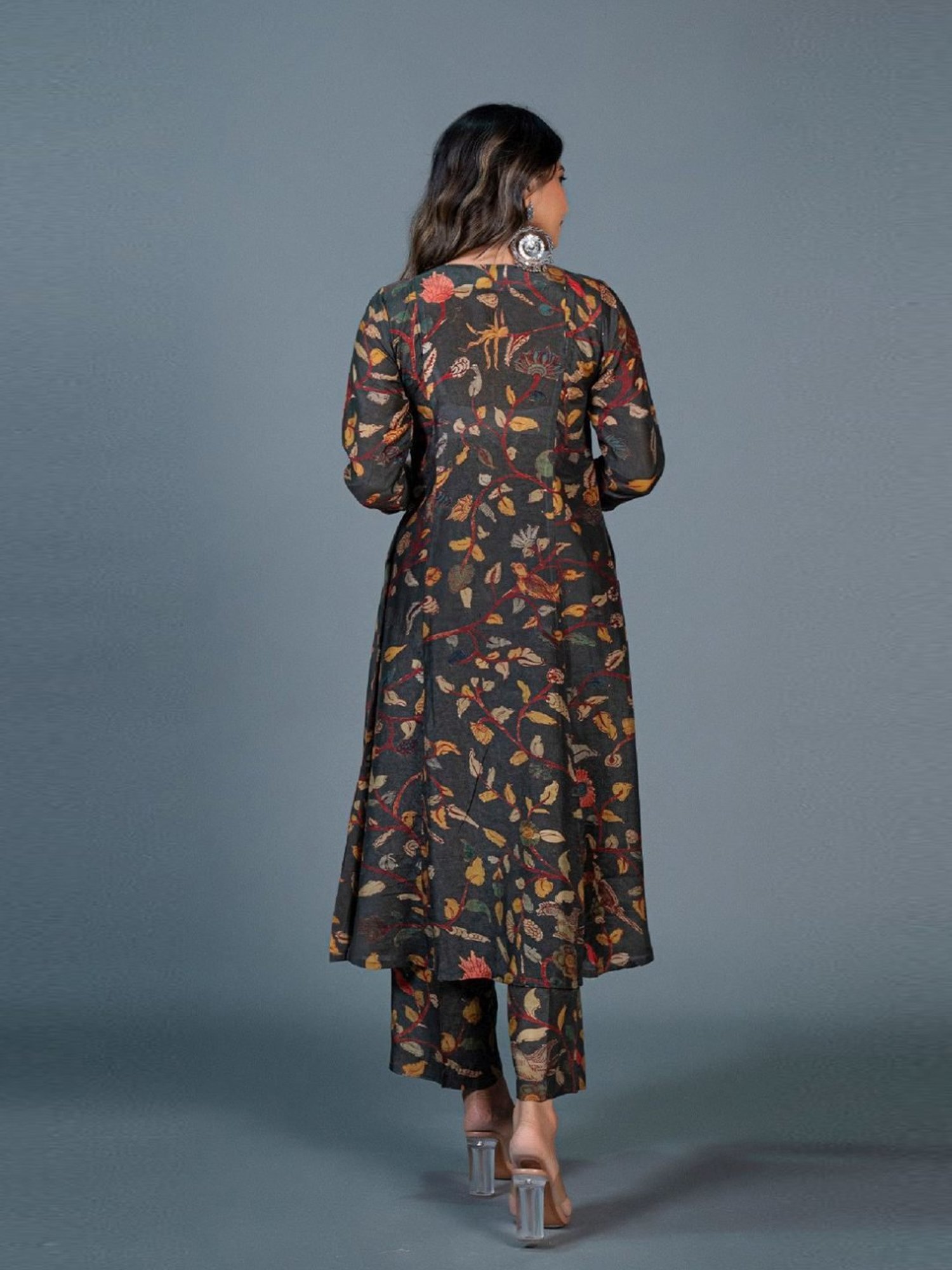 Eeshva India Dark Green Kalamkari Printed Kali Kurta