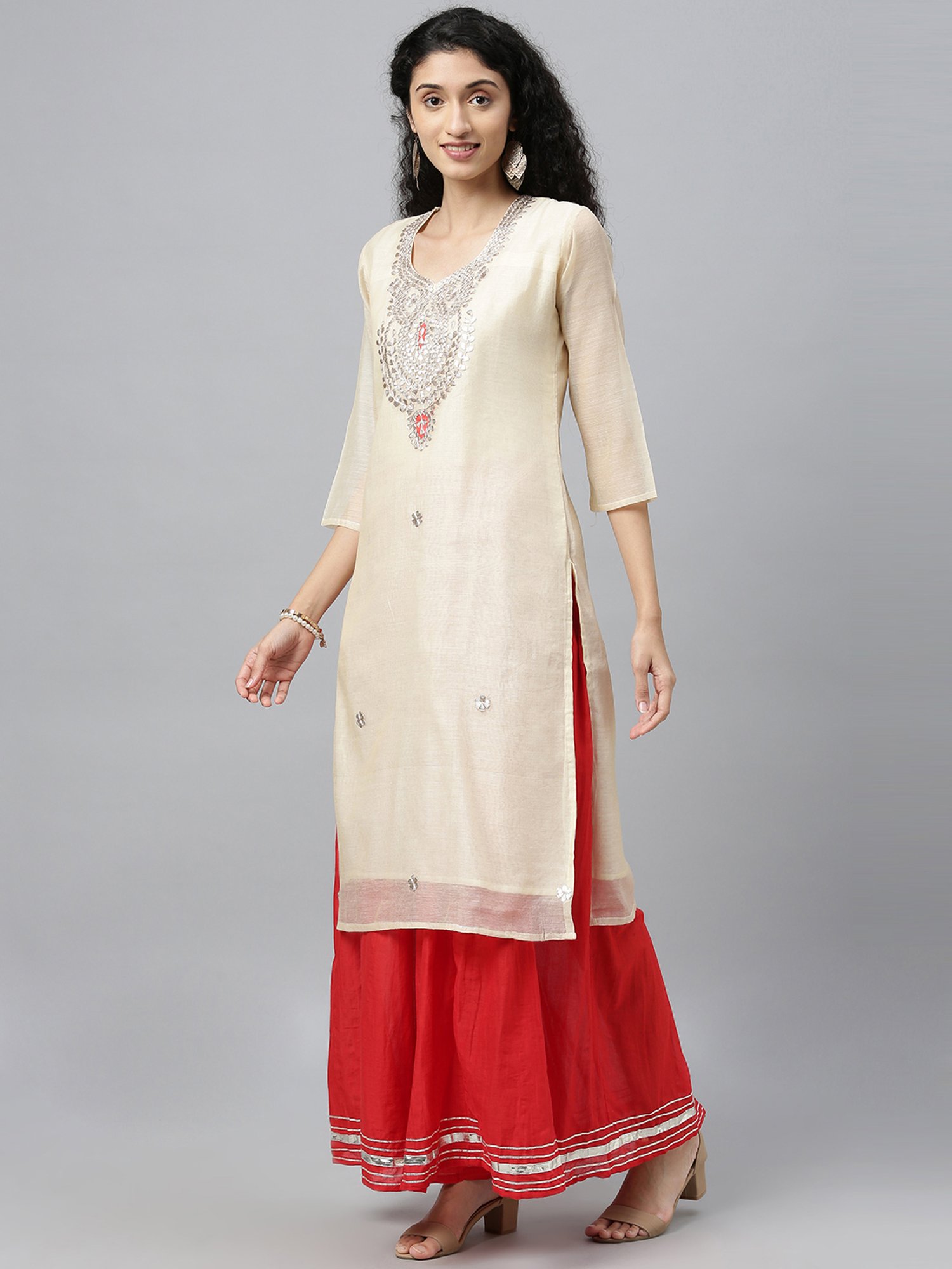 Geroo Jaipur Beige & Red Embroidered Kurta Palazzo Set With Dupatta
