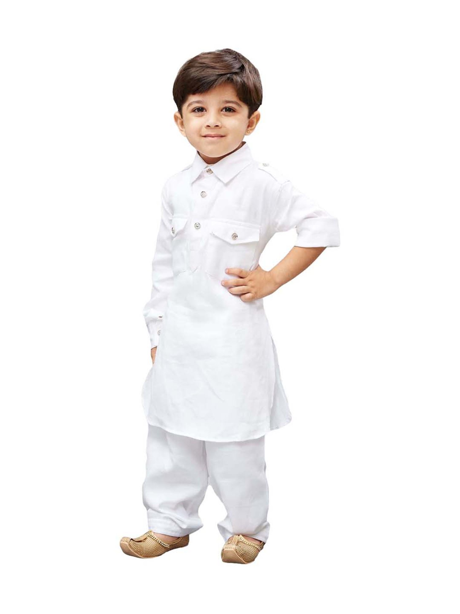VASTRAMAY Kids White Cotton Pathani Kurta Set