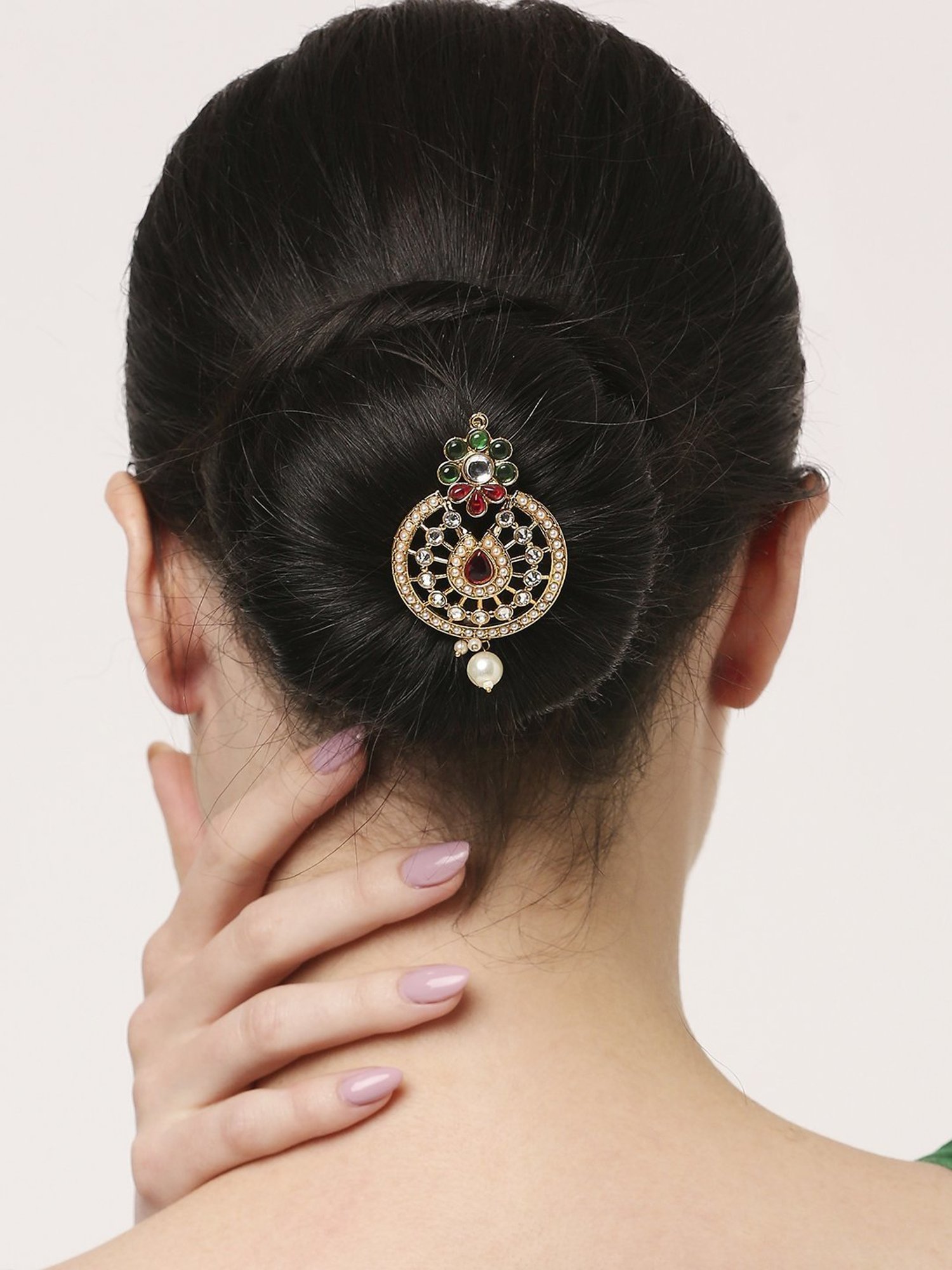 OOMPH Combo of 3 Maroon Green Stones & Pearls Hair Bun Pin Juda Pin Ethnic Chandbali Style