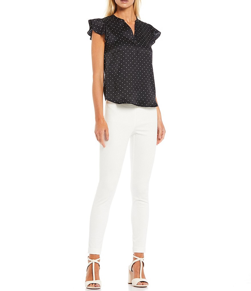Calvin Klein Petite Size Polka Dot Crepe de Chine Band Split Neck Ruffle Cap Sleeve Blouse