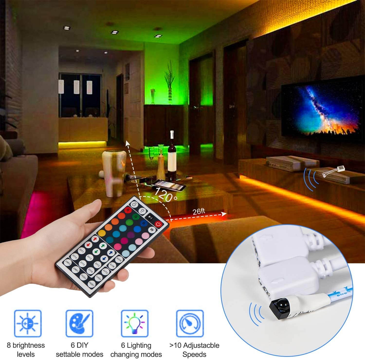 LED Strip Lights 32.8ft RGBW LED Light Strip with 44 Keys IR Remote and 12V Power Supply Flexible Color Changing Lights 300 LEDs Light Strips Kit for Home Bedroom Kitchen Cabinet & DIY Decoration