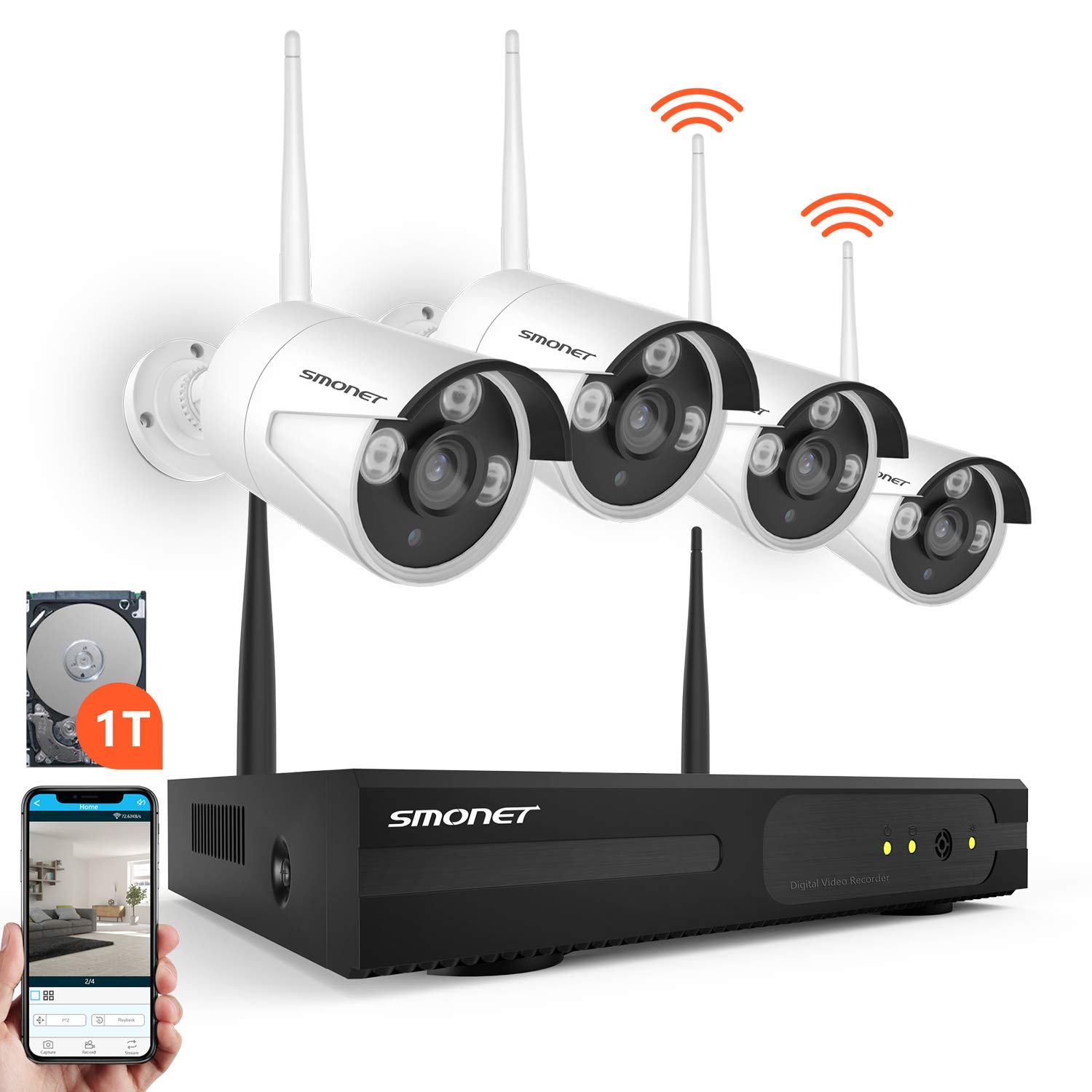 Smonet 4CH 720P HD NVR Wireless Security CCTV Surveillance Systems-Four 1.0MP Wireless WIFI Indoor Outdoor IP Cameras,P2P,65FT Night Vision, 1TB HDD Pre-installed