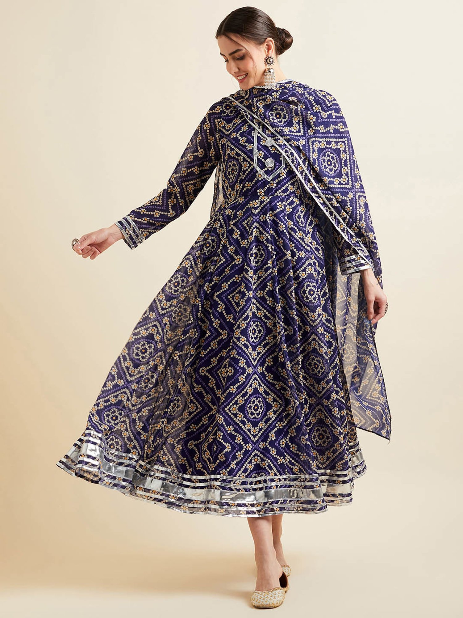 PANIT Blue Printed Ethnic Dress With Dupatta