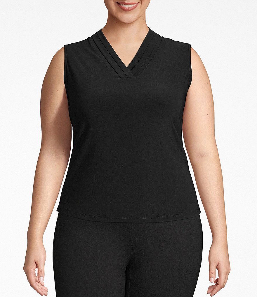 Anne Klein Plus Size Sleeveless Jersey Knit Pleated V-Neck Shell