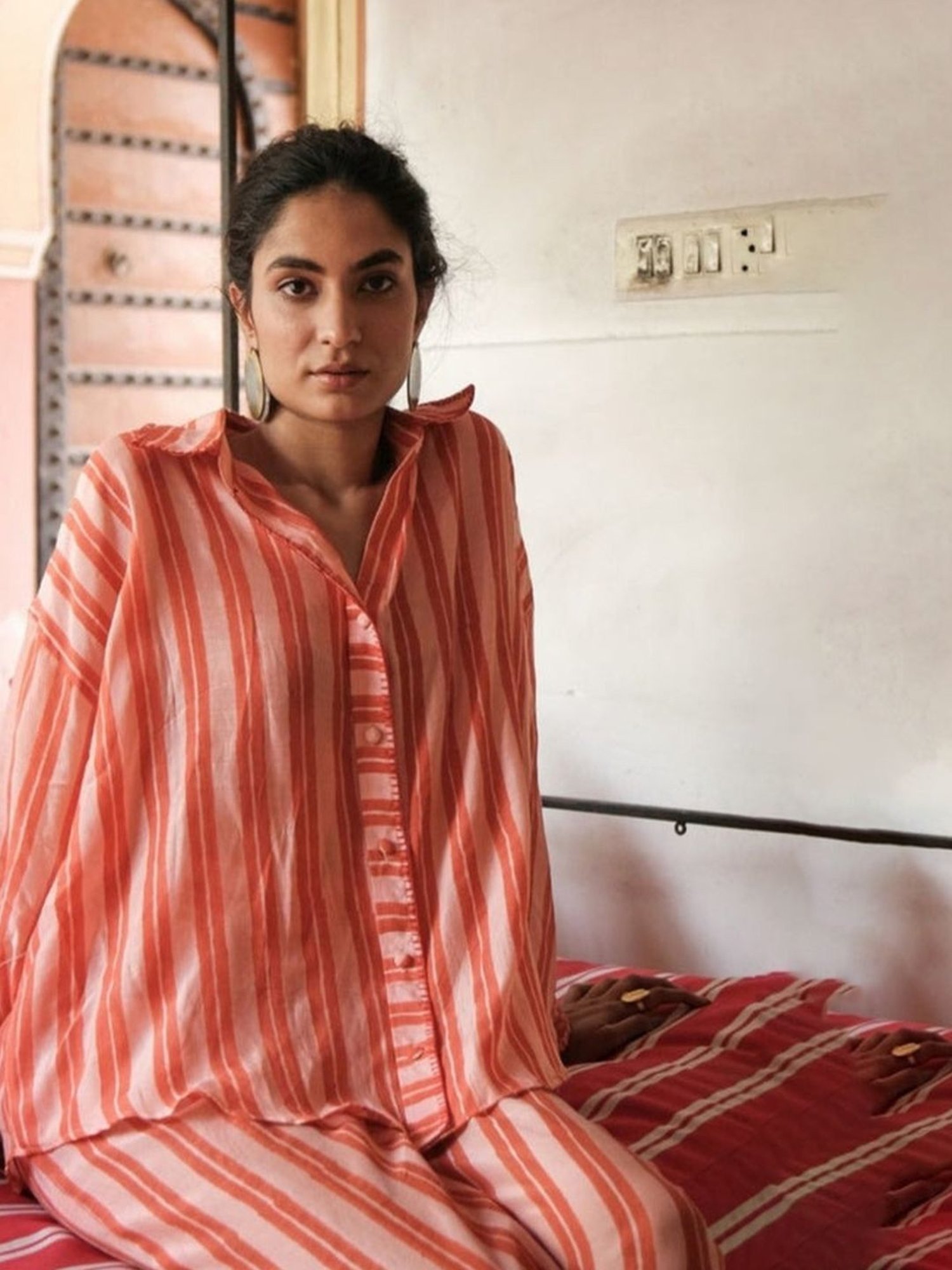 Khajoor Studio Pink & Red Bageecha Trellis Stripes Statement Shirt