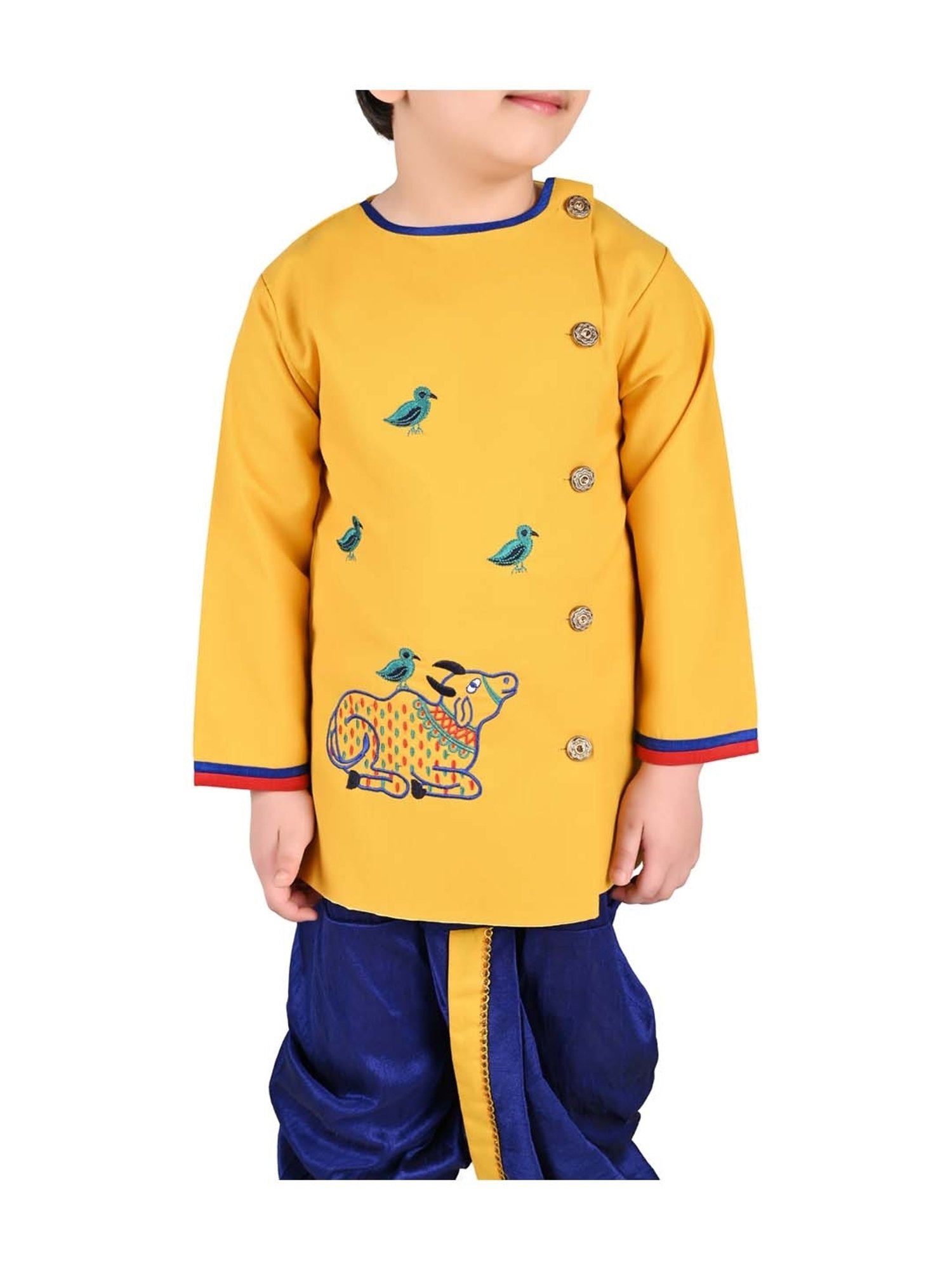 Ahhaaaa Kids Yellow & Blue Cotton Embroidered Kurta Set