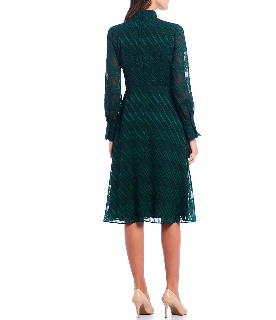 Maggy London Long Sleeve Mock Neck Linear Burnout Dress