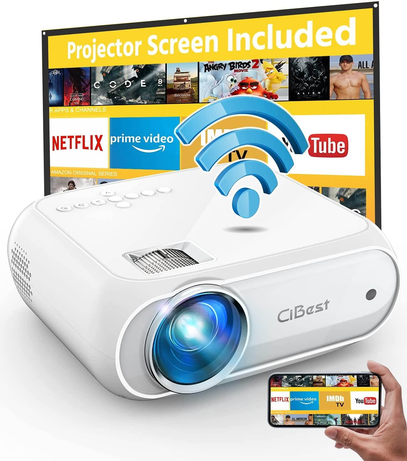 CiBest BL108 WiFi Projector Native FHD 1080P, 7500 Lumens Home Movie Projector, Compatible with iPhone, Android, TV Stick, etc. Comes with Projector Screen